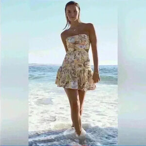 NEW! Bardot Gisella Linen Blend Strapless Tropical Floral Mini Dress